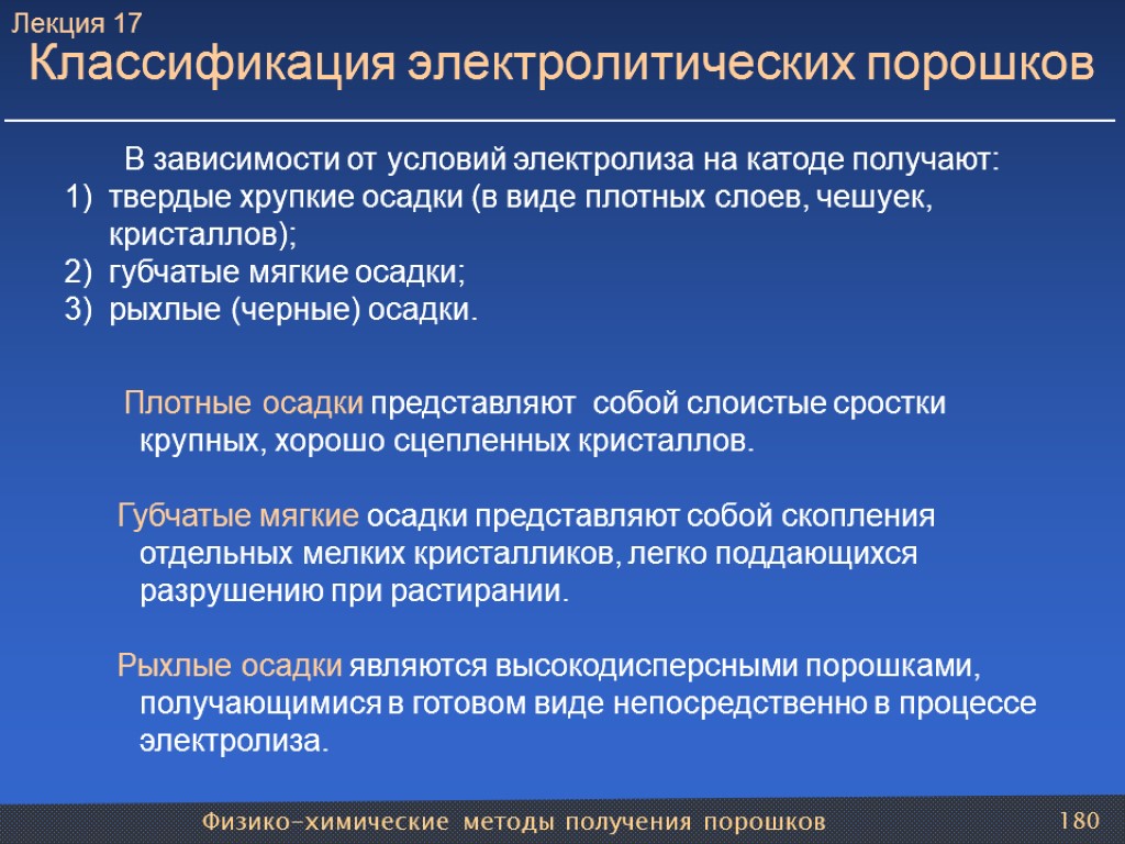 Физико-химические методы получения порошков 180 Классификация электролитических порошков В зависимости от условий электролиза на